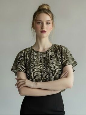 Worthington Women's Brown & Cream Printed Short Sleeve Blouse. PM